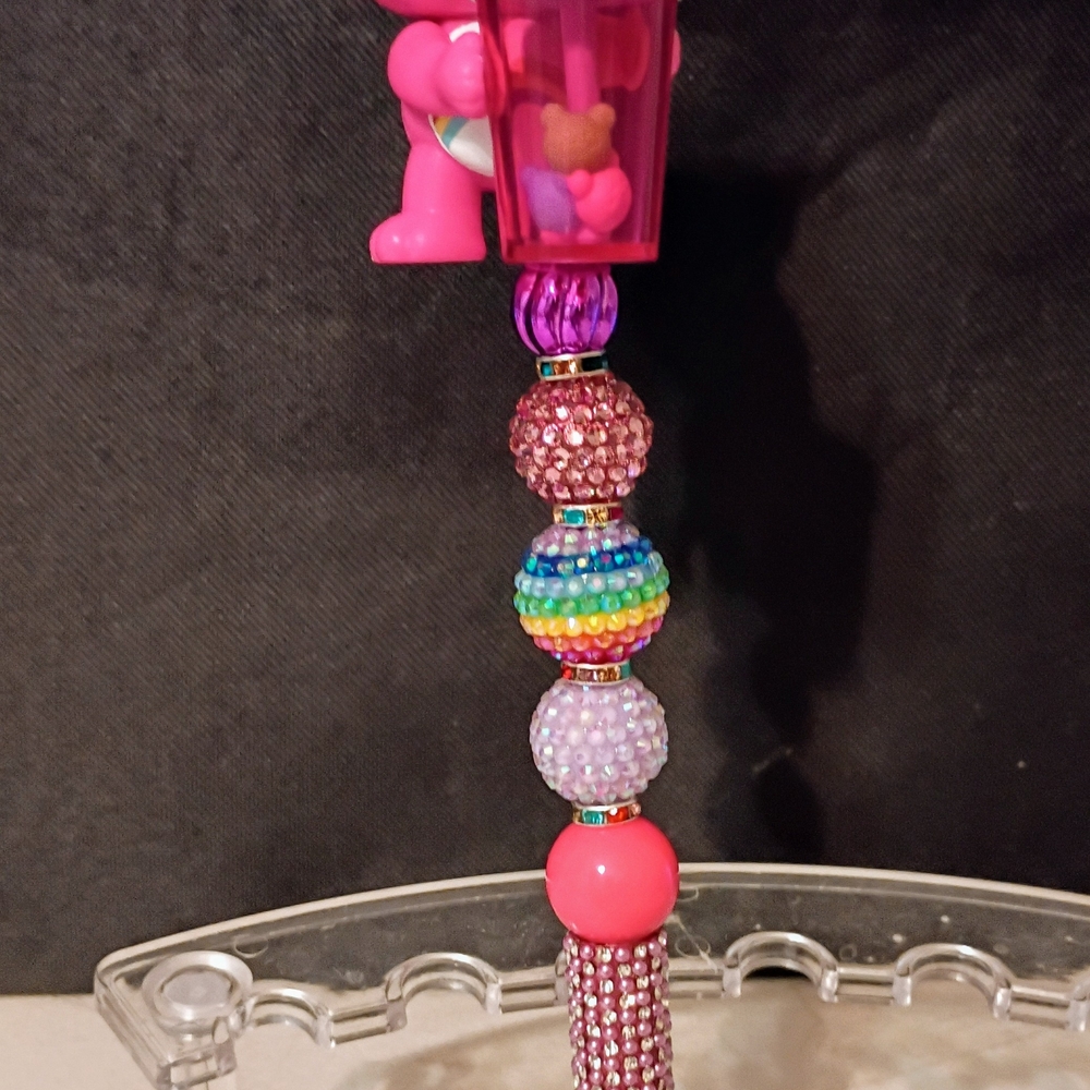 Colorful Beaded Keychain with Pink Bear Charm